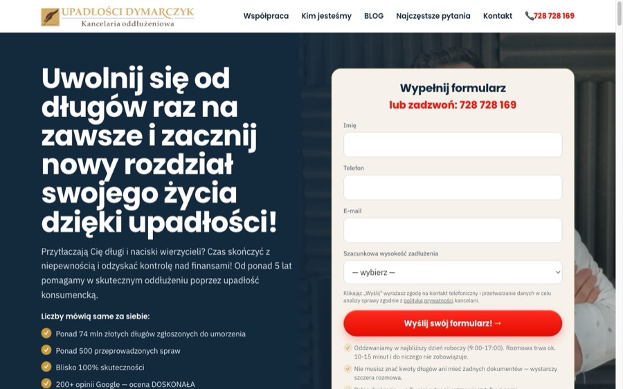 Strona internetowa kancelarii Upadłości Dymarczyk